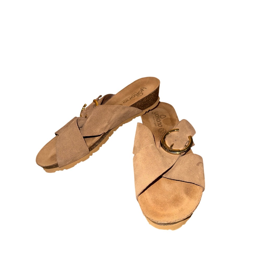 Yokono Suede Cork Wedge Slide Sandals Tan Brown Gold Buckle Womens Size 8 Spain